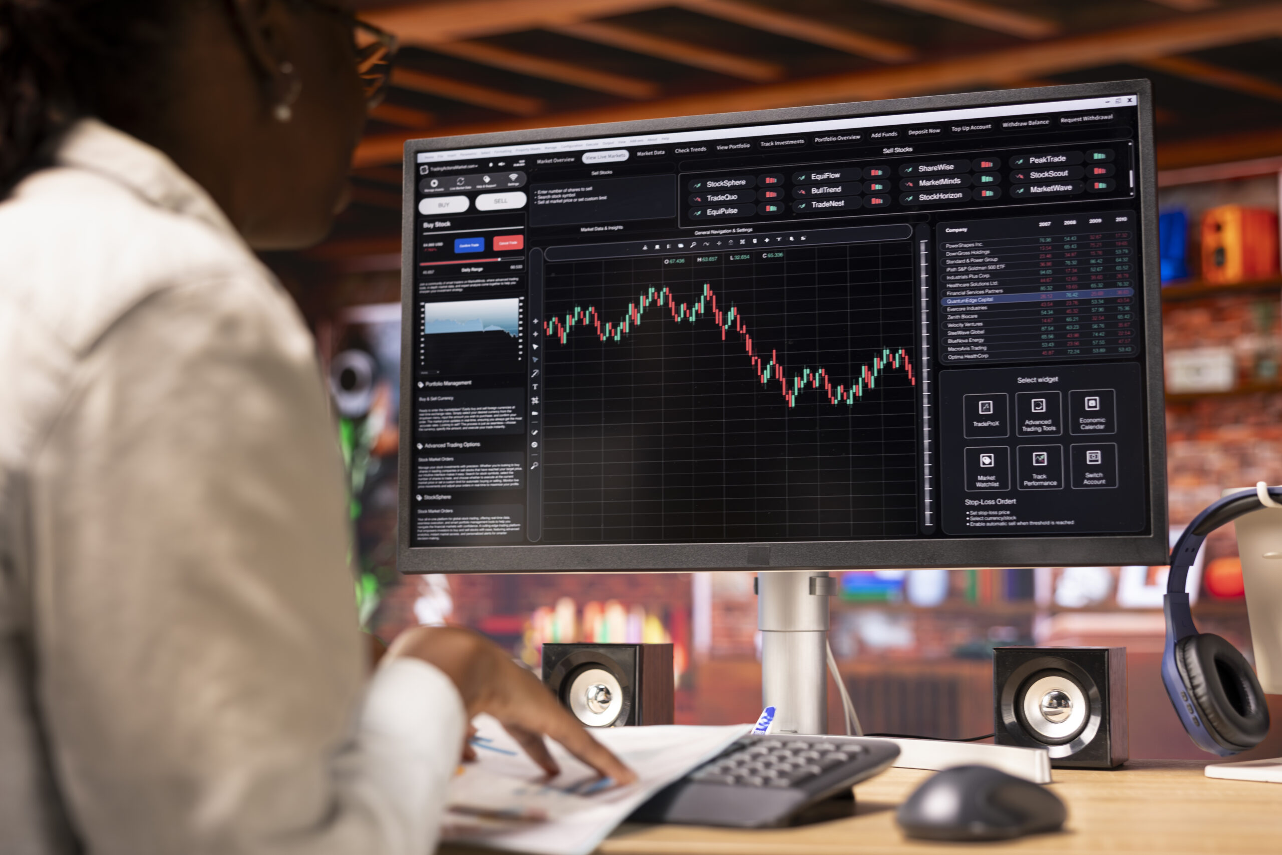 Day trader in home office purchasing stocks performing well on PC screen